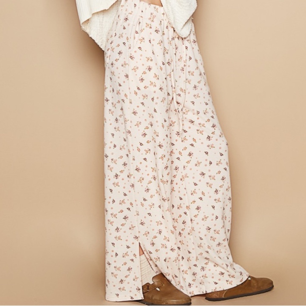 POL Floral Wide-Leg Cream Pants with Pink & Brown Florals